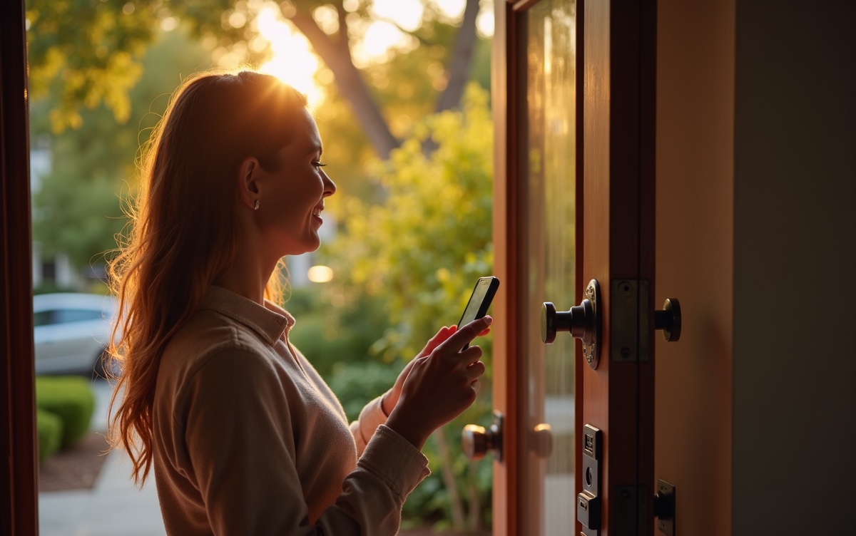 Airbnb guest using smartphone to check in with smart keypad lock