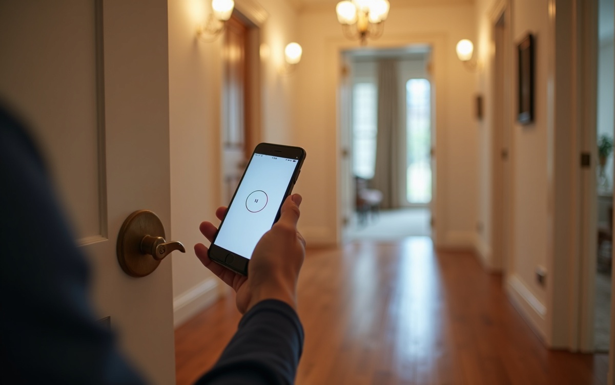 Person using smartphone app to remotely unlock door with smart lock